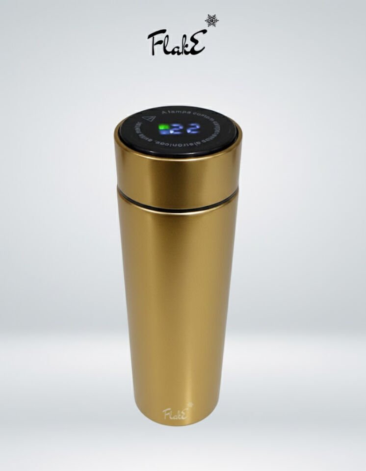 Flake Yüksek Kaliteli Termos Dijital Sıcaklık Göstergeli Paslanmaz Çelik Termos 500ml   kamp, ofis, spor ve seyahat için uygun Paslanmaz çelik gövdesi Gold