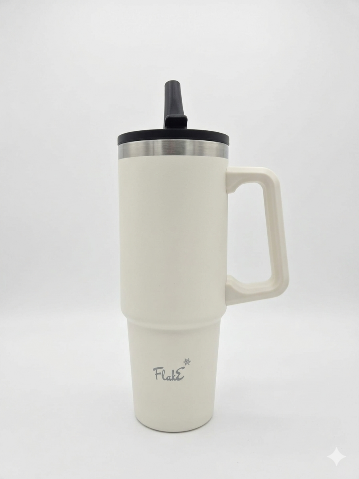 Flake Yüksek Kaliteli Paslanmaz Çelik Kendinden  Pipetli Yandan Tutmalı Kulplu Termos 30 Oz 0,9 LT   kamp, ofis, spor ve seyahat için uygun Paslanmaz çelik gövdesi