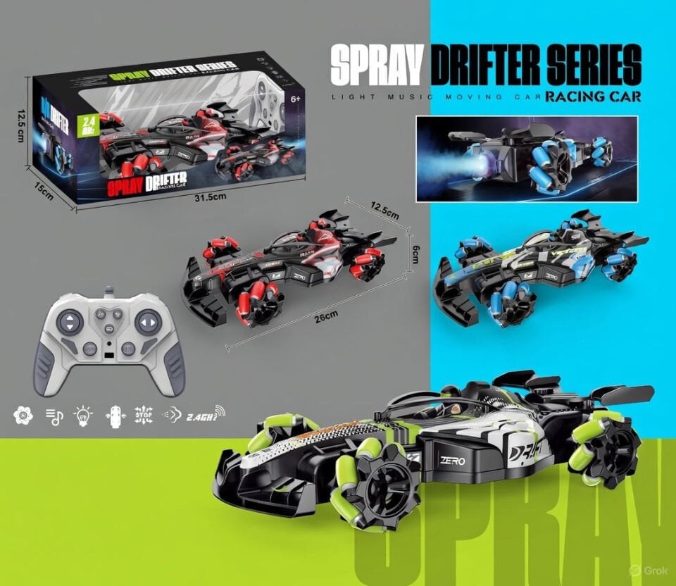 Flake 4WD 1/24 Rc Oyuncak Araba F1 Drift Araba Yarışı 2.4Ghz Hareket Uzaktan Kumanda Arabalar Su Buharı Atan Sprey Işıklı 360 Derece Dönebilen Müzikli Oyuncak