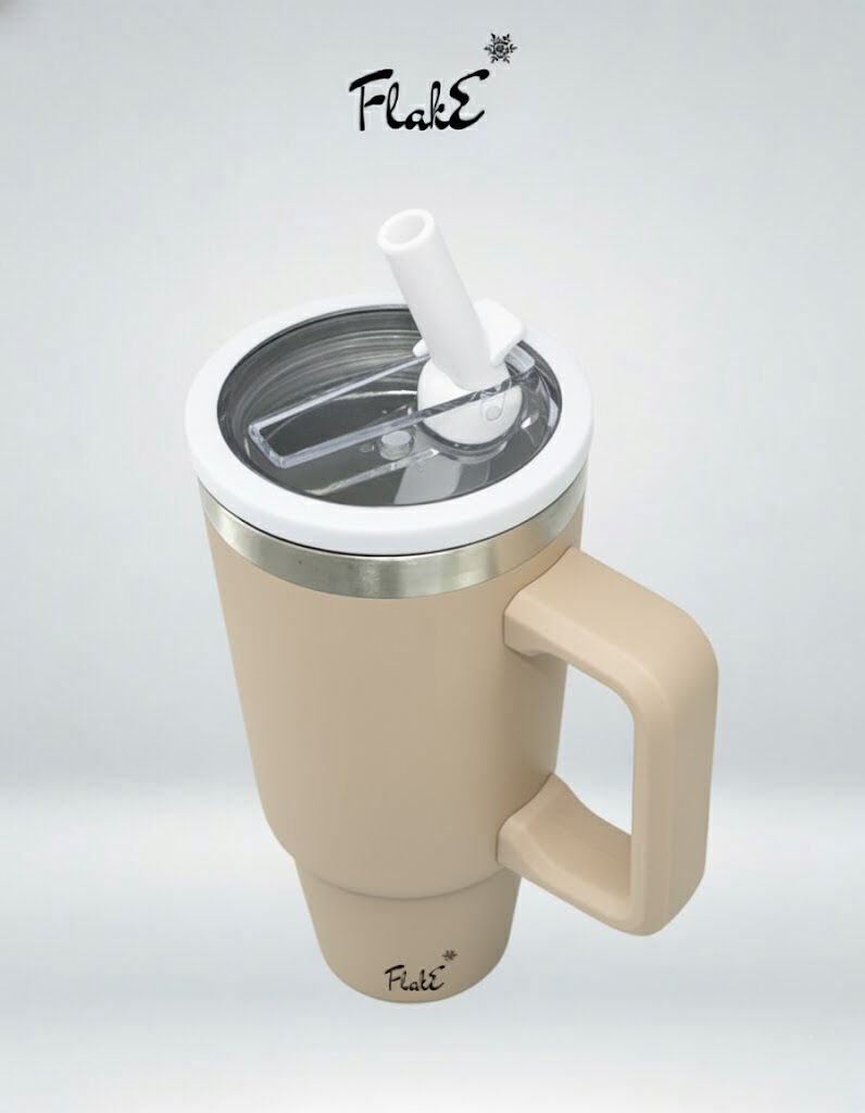 Flake Yüksek Kaliteli Paslanmaz Çelik Kendinden  Pipetli Yandan Tutmalı Kulplu Termos 30 Oz 0,9 LT   kamp, ofis, spor ve seyahat için uygun Paslanmaz çelik gövdesi Kil Kahve