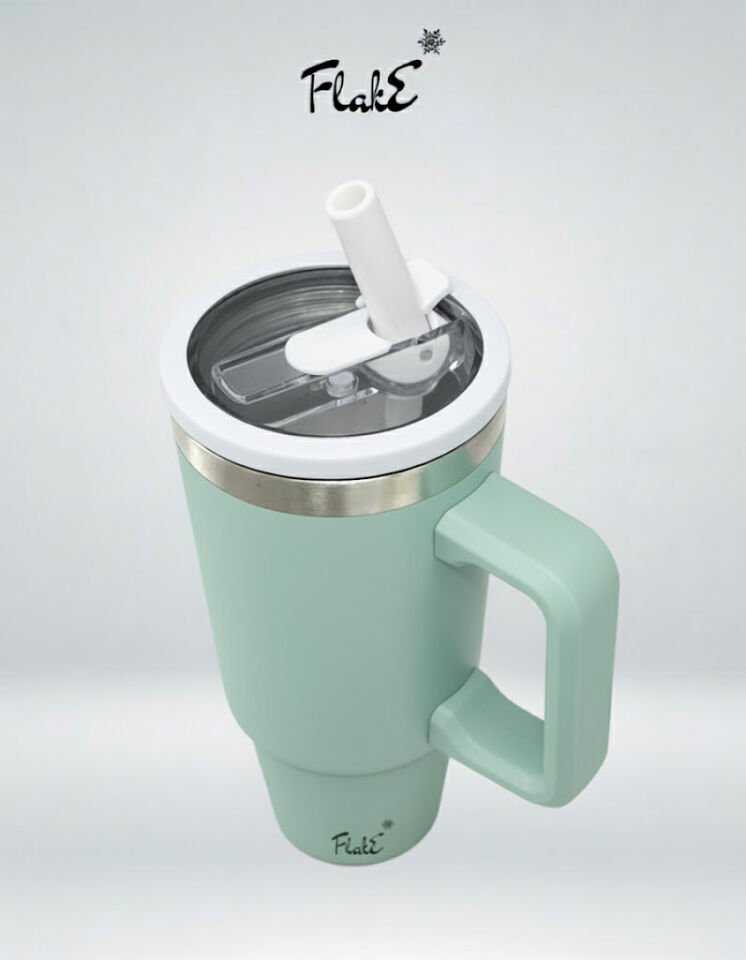 Flake Yüksek Kaliteli Paslanmaz Çelik Kendinden  Pipetli Yandan Tutmalı Kulplu Termos 30 Oz 0,9 LT   kamp, ofis, spor ve seyahat için uygun Paslanmaz çelik gövdesi Patina