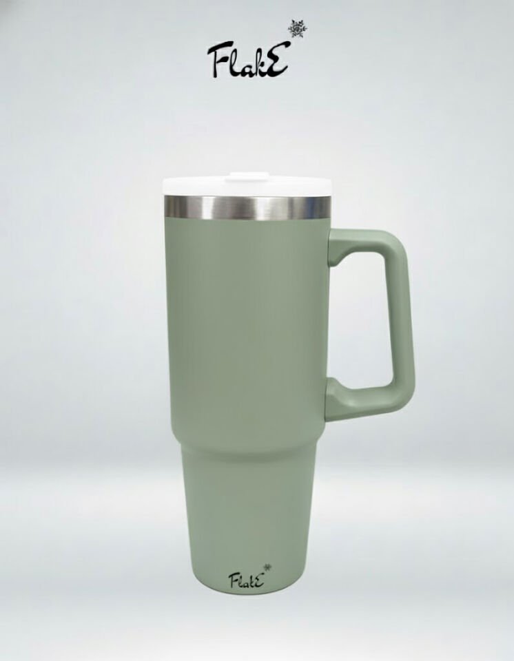 Flake Yüksek Kaliteli Paslanmaz Çelik Kendinden  Pipetli Yandan Tutmalı Kulplu Termos 30 Oz 0,9 LT   kamp, ofis, spor ve seyahat için uygun Paslanmaz çelik gövdesi Zeytin Yeşili