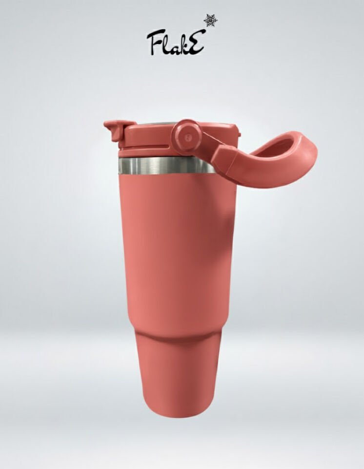 Flake Yüksek Kaliteli Paslanmaz Çelik Kendinden  Pipetli Üstten Tutmalı  Termos 30 Oz 0,9 LT   kamp, ofis, spor ve seyahat için uygun Paslanmaz çelik gövdesi İnce Pembe